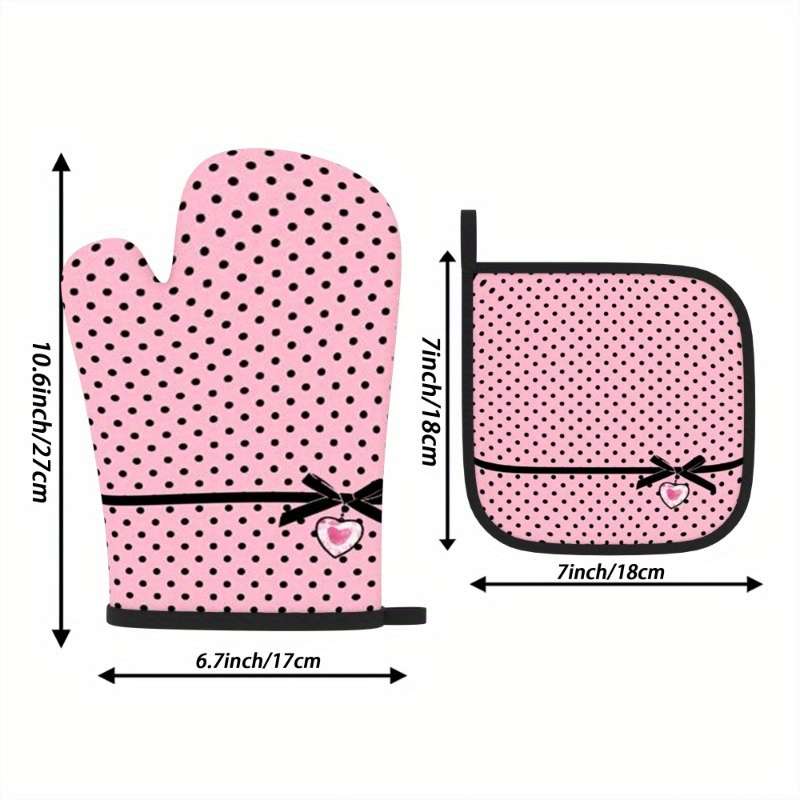 2pcs Chic Pink Polka Dot Oven Mitts Pot Holders with Heart Bow Detail Heat Resistant Machi