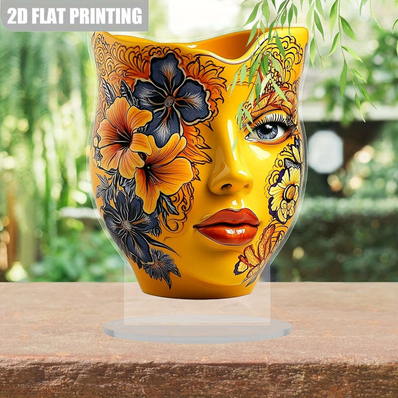 1pc 2D Flat  Bohemian Acrylic Vase with Intricate Floral Design 14.99 x 19.99 cm Vibrant Yellow