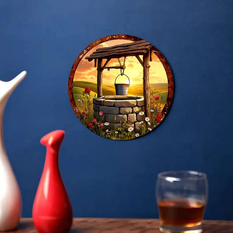 1pc Room Decor Rustic Well Sunset Aluminum Wall Art Circular Foil Engraving Sign 19.81 cm Ideal for