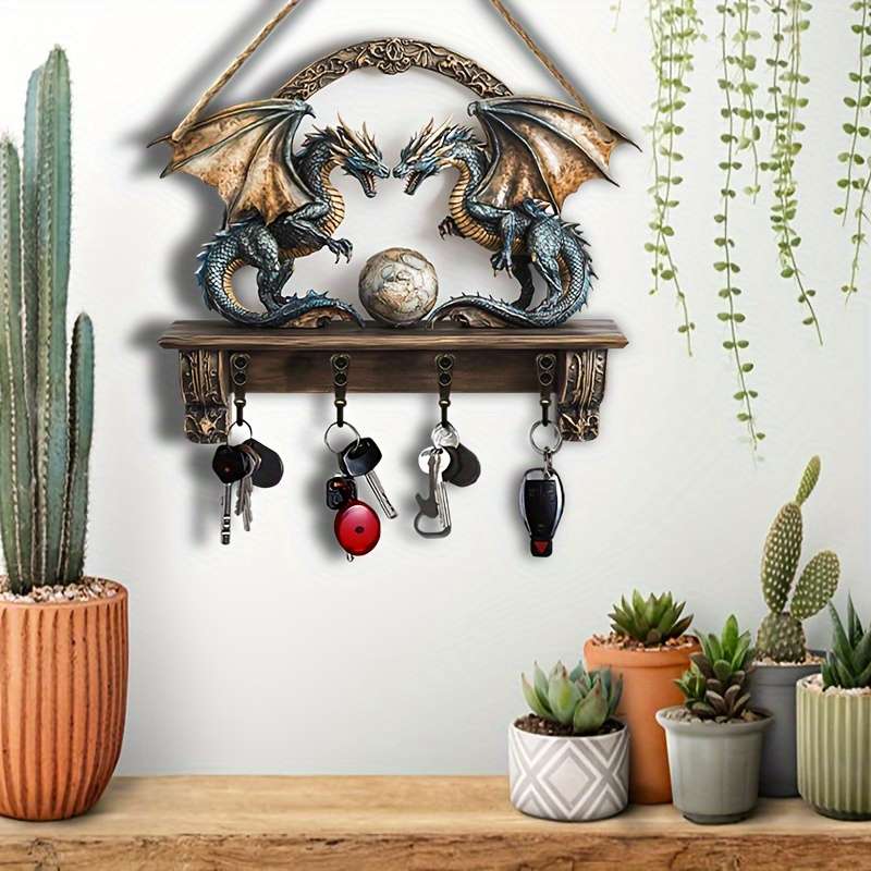A Piece of Creative Double Dragon Treasure Protection a Minimalist Colorful Wooden Key Holder with
