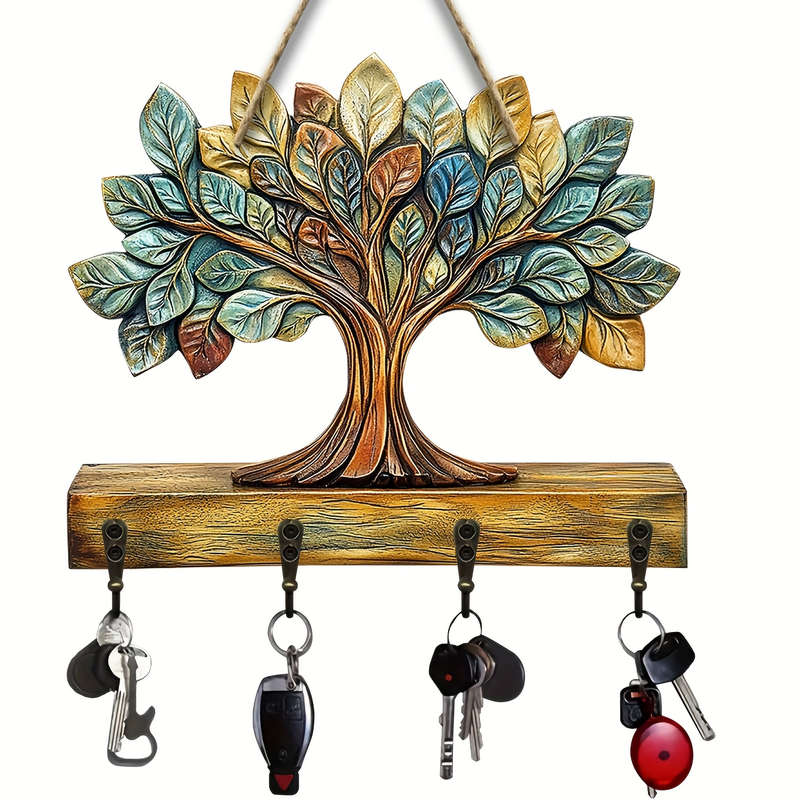1pc Colorful Tree of Life Wooden Key Hook with Four Metal Hooks Rustic Wall-Mounted Home Decor 30.