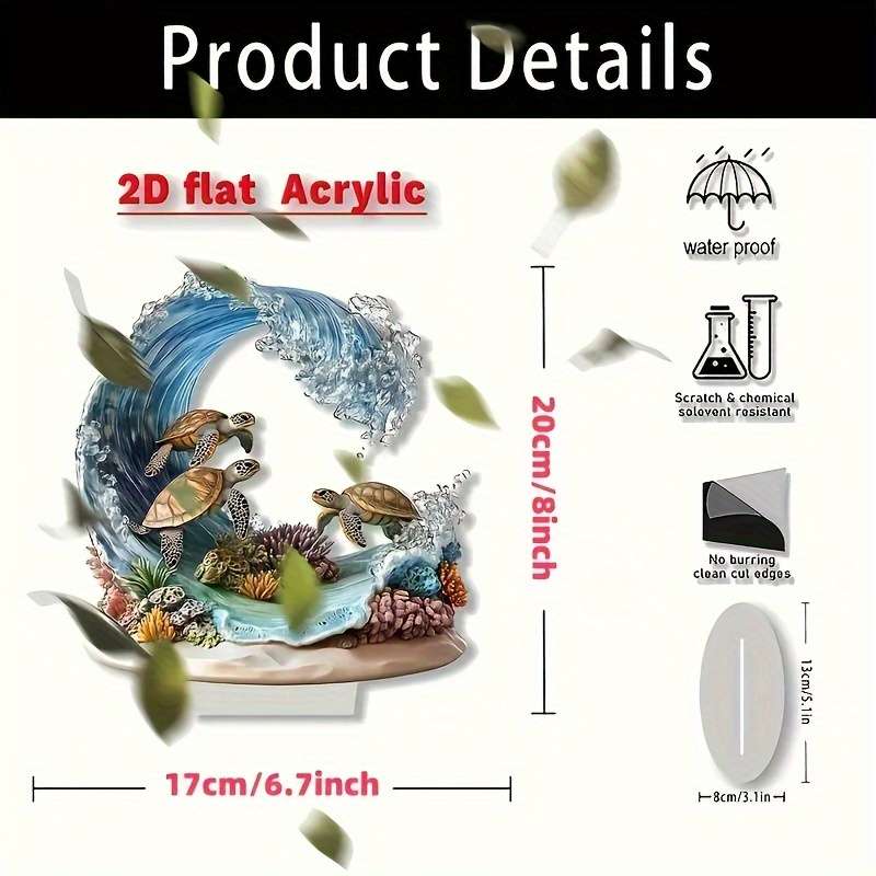1pc 2D Flat  Bohemian Style Crystal Sea Turtle Wave Decor Plaque Vibrant Oceanic Scene with Color