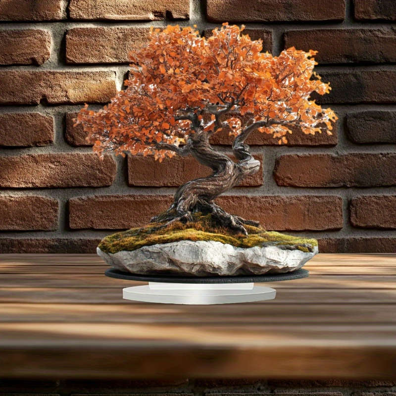 1pc 2D Flat   Acrylic Bonsai Tree with Golden Leaves Sturdy Stone Base Bohemian-Style De