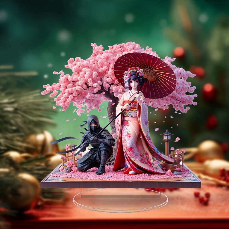 1pc 2D Flat  Design Acrylic Tabletop Statue Anime Style Cherry Blossom Tree with Ninja Phantom Vi