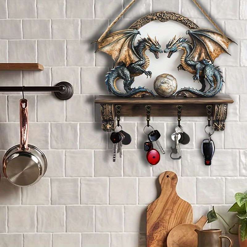 A Piece of Creative Double Dragon Treasure Protection a Minimalist Colorful Wooden Key Holder with
