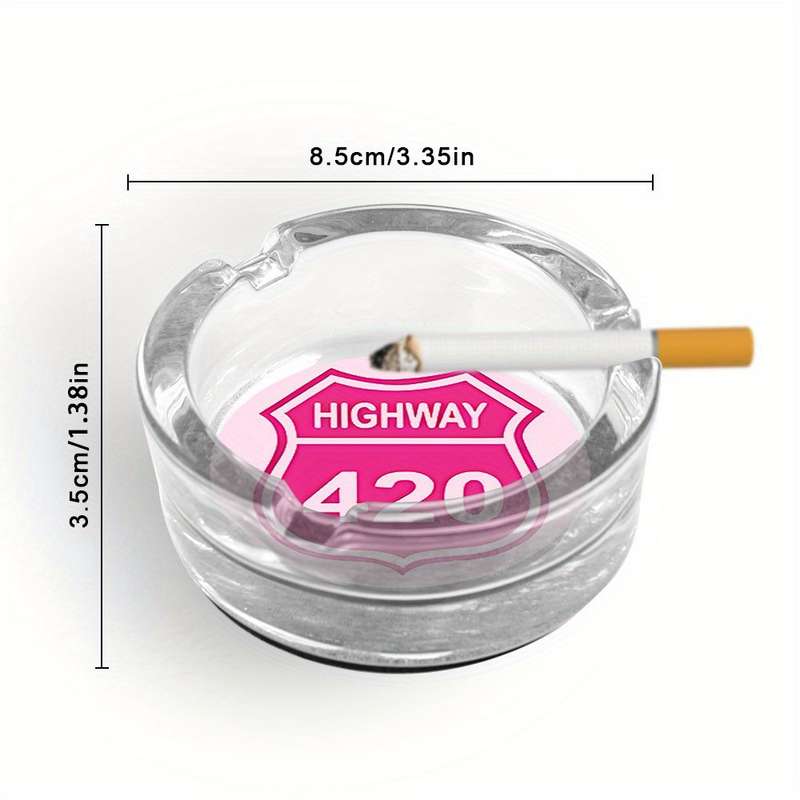 1pc Round Clear Glass Ashtray with Anti-Slip Base "Highway 10.67meter Pink Sign Design Modern De