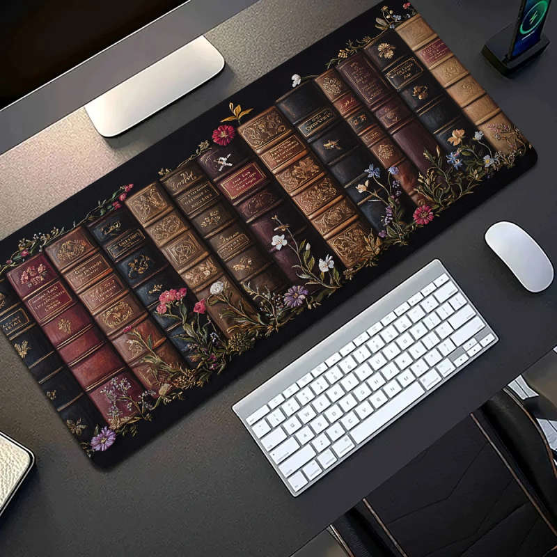 1pc 40x90cm Vintage Bookshelf Design Extended Mouse Pad Durable Washable Non-Slip Rubber Base
