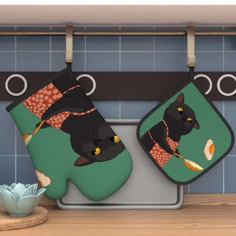 2pcs Cute Black Cat Oven Mitts Pot Holders Heat Resistant Polyester Machine Washable Pl