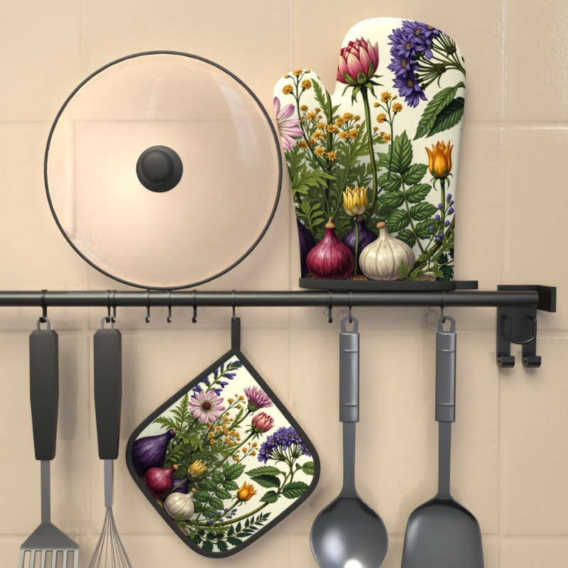 2pcs Watercolor Floral Polyester Oven Mitts Heat Resistant Woven Potholders for Kitchen Decor