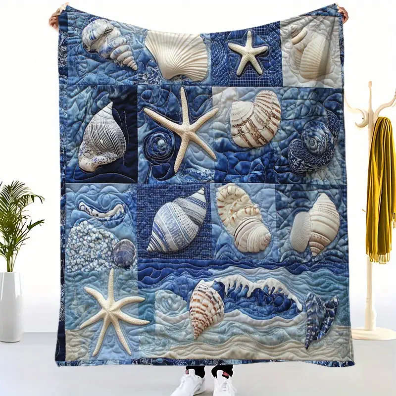 1 x Creative Shell Starfish Snail Plaid Print Flannel Blanket 150*200cm