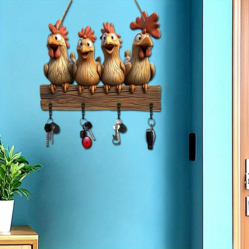 Charming Cartoon Hen Wooden Key Holder with 4 Metal HooksRustic Wall Art for Home Porch  Room D