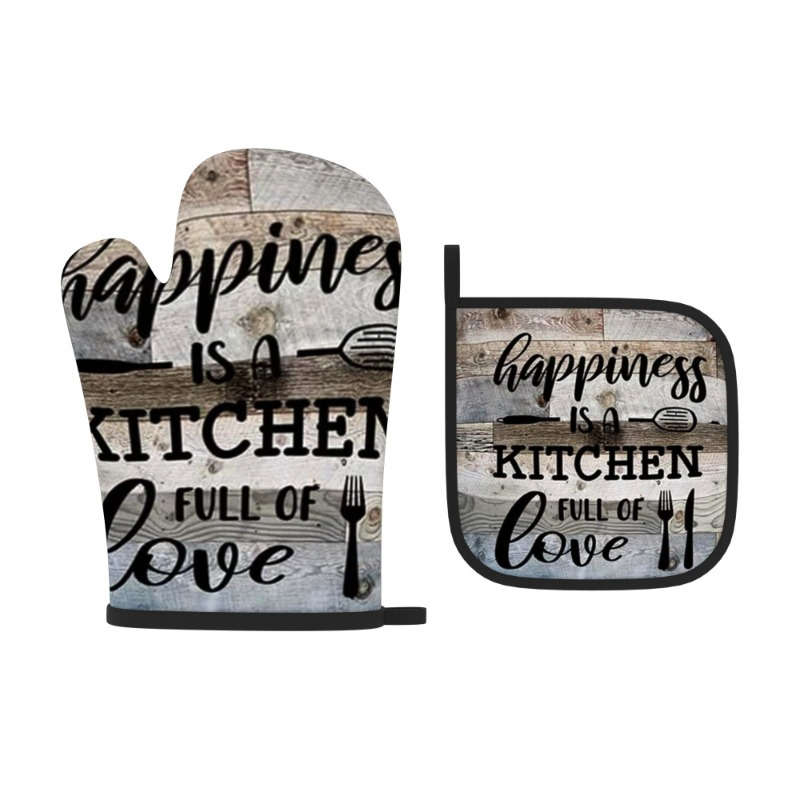 2pcs Heat Resistant Oven Mitts 2pcs Rustic Wooden Design Polyester Oven Mitts and Pot Holders