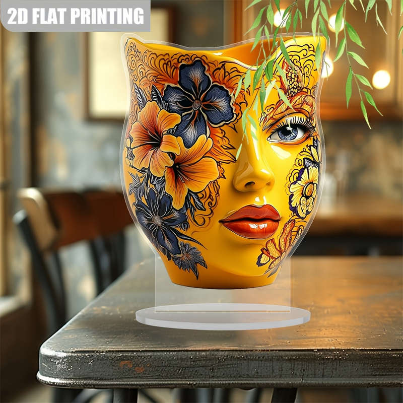 1pc 2D Flat  Bohemian Acrylic Vase with Intricate Floral Design 14.99 x 19.99 cm Vibrant Yellow