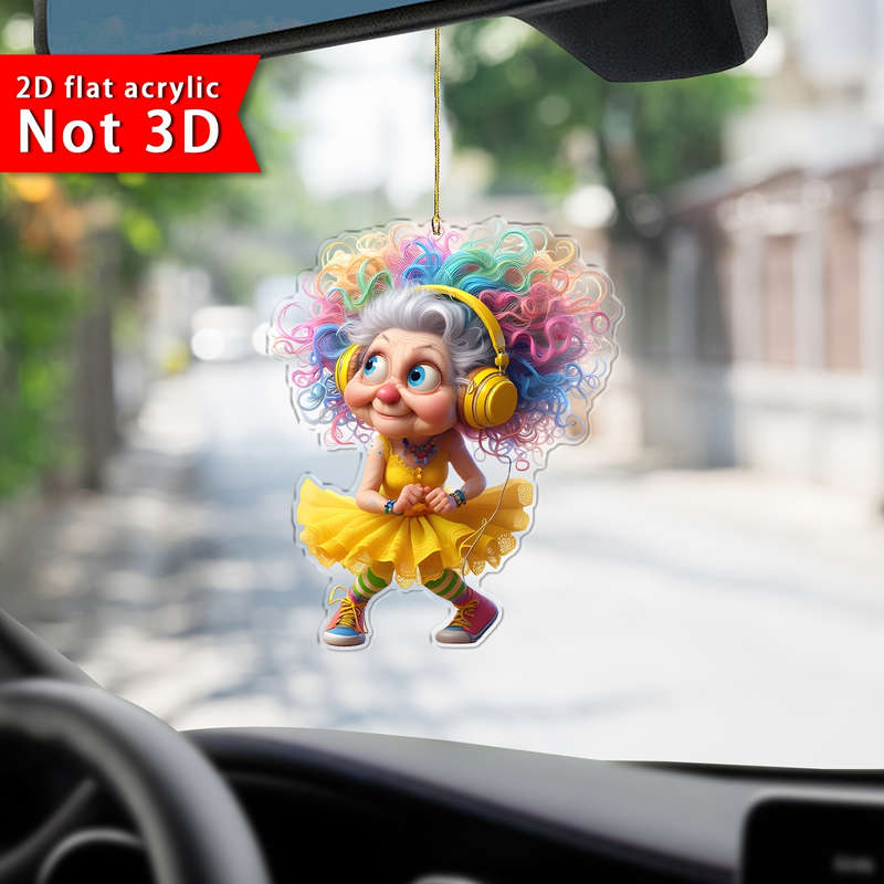 1pc 2D Flat    Acrylic Pendant Whimsical Bohemian Grandma Charm with Colorful Hair Headpho