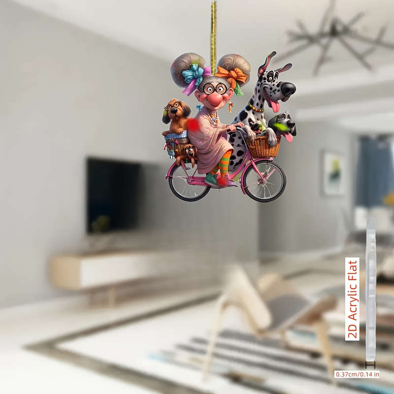 1pc 2D Flat    Acrylic Charming Grandma Riding Bicycle with Dogs Rearview Mirror Decoration P