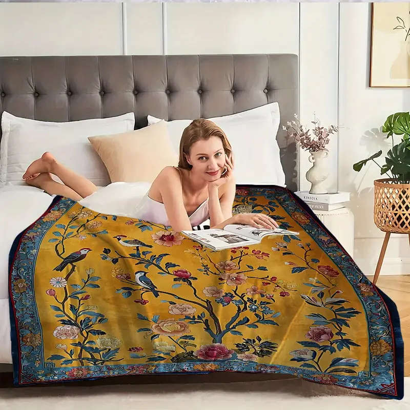 1 Bohemian Floral And Bird Print Flannel Blanket 150*200cm