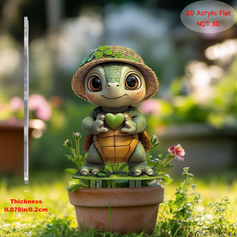 1pc 2D Flat    PrintingCute  Acrylic Turtle Garden Stake with Four Leaf Clover Vivi