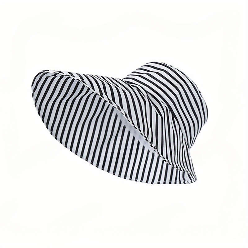 1pc Black White Striped Wide Brim Bucket Hat Lightweight Breathable Sun-Protective Fisherman