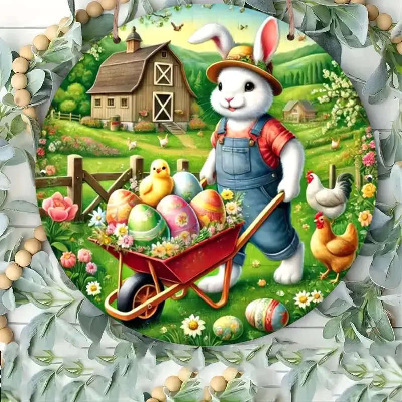 1pc Easter Bunny Delivery Theme Round Wooden Sign 2D Flat Printed Wall Hanging Plaque for Home Kitch