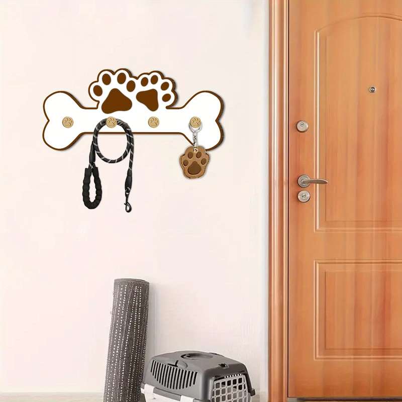1pc Charming Wooden Dog Paw  Bone Design Wall Hanger with 4 HooksKey  Leash Organizer Perfect