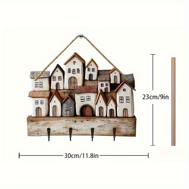 1pc Warm Small Village Wooden Key Rack Wall Decoration-29.97 cmX 22.86cm Rustic Bohemian Style with