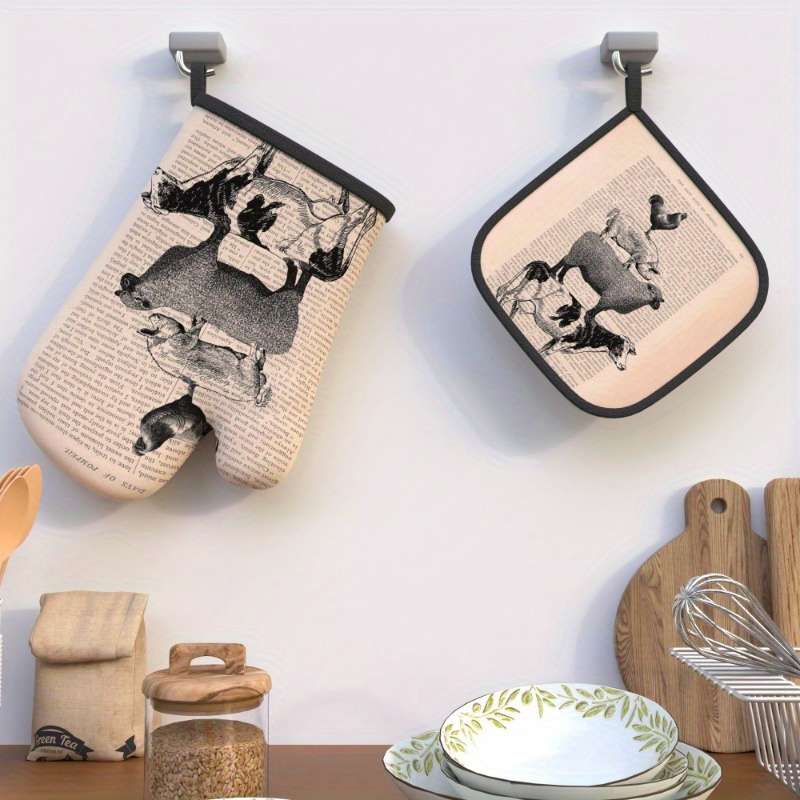 2pcs Vintage Farmhouse Kitchen Set 26.92x17.02 cm Oven Mitts Pot Holders with Chicken Pig