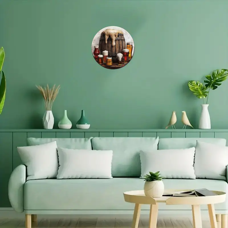 1pc Room Decor Vintage Wooden Barrel Aluminum Wall Sign 8-Inch Round Foil Engraving Art Decor with O