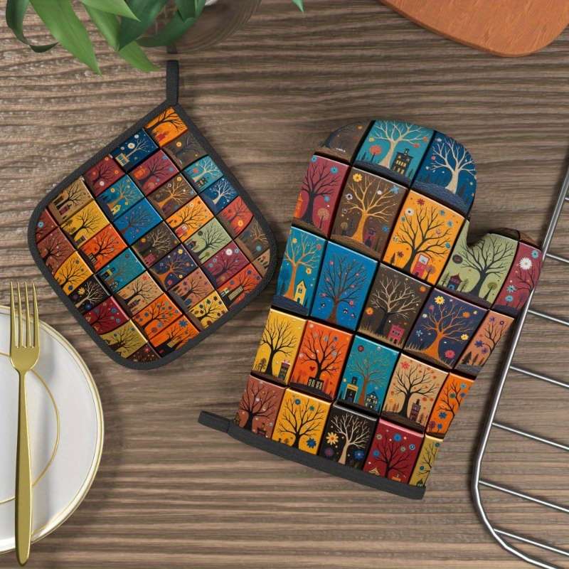 2pcs Colorful Tree Art Heat Resistant Oven Mitts and Pot Holders 26.92x17.02 cm Vibrant Patc