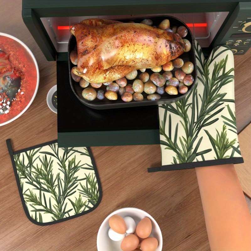 2pcs Botanical Print Oven Mitts Pot Holders Heat-Resistant 26.92x17.02cm Green Plant Desi