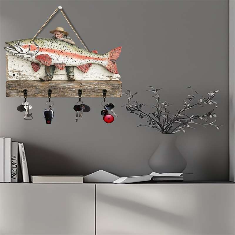 1 Piece2Dflat Fisherman and Rainbow Trout Wooden Signs Simple Colored Wooden and Home Keychain wi