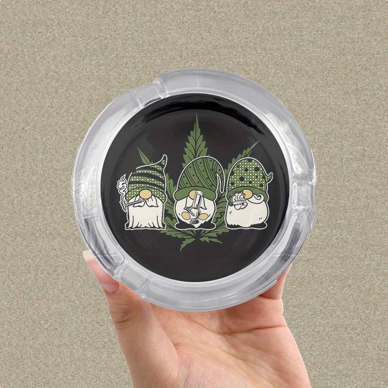 1pc Round Clear Glass Ashtray Black Background with Tri-color Geometric Plant Design Modern Desk