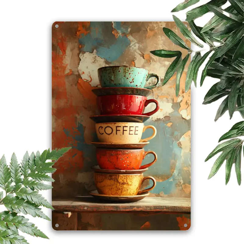 1pc Vintage Style Stacked Coffee Cups Foil Engraving Aluminum Sign Decorative Wall Art for Home Farm