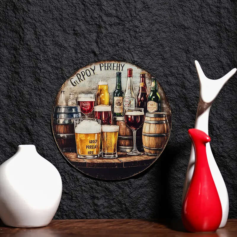 1pc Beer Wine Themed Round Aluminum Wall Hanging Sign 19.81 cm Diameter Ideal for Home Farmhouse Caf