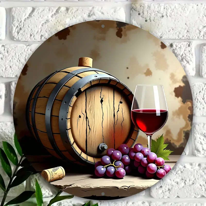 1pc 8-Inch Round Aluminum Sign Rustic Red Wine Wooden Barrel Design with Grapes Ideal for Holiday De