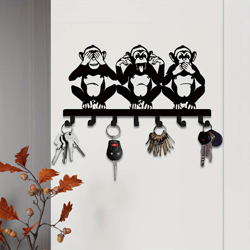 Charming Three Monkeys Metal Wall Art with Key HookEasy to Install Suitable for Jacket