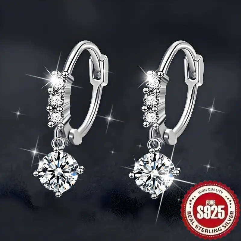925 Silver, Earrings with Inlaid with Round Synthetic Zirconia