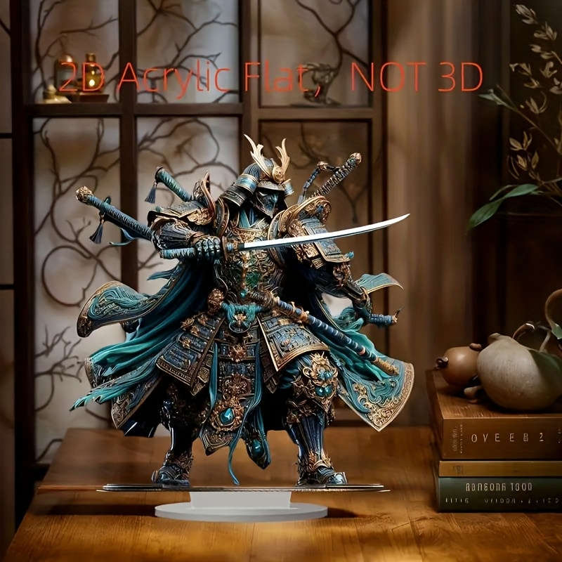 1pc 2D Flat  Acrylic Samurai Knight Statue Vibrant Blue Armor with Golden Accents Ideal for Valen