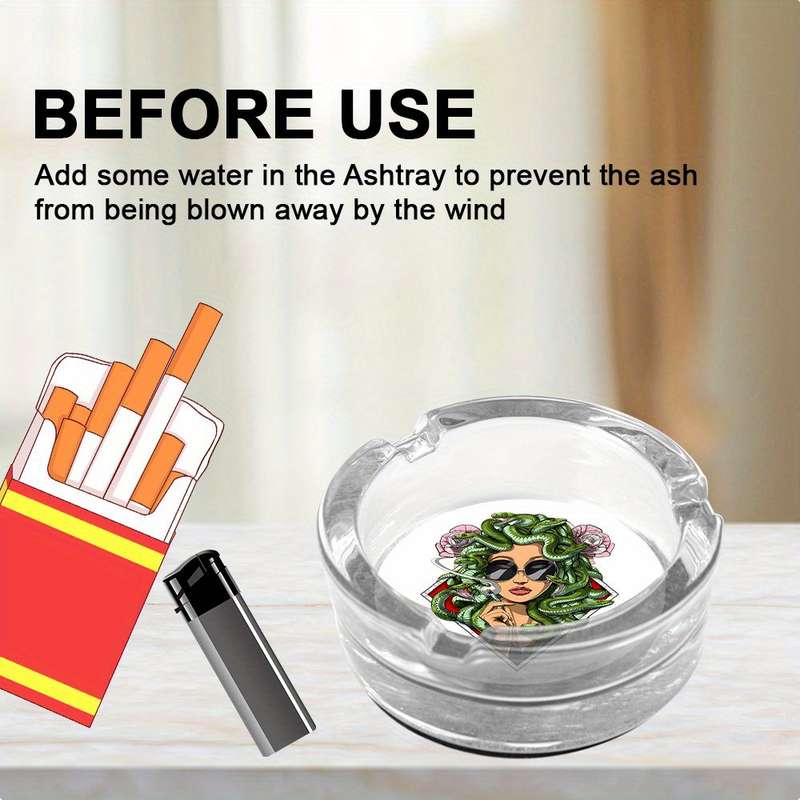 1pc Medusa Art Glass Ashtray with Anti-Slip Base Emerald Serpent Blossom Motif Crystal Clear R
