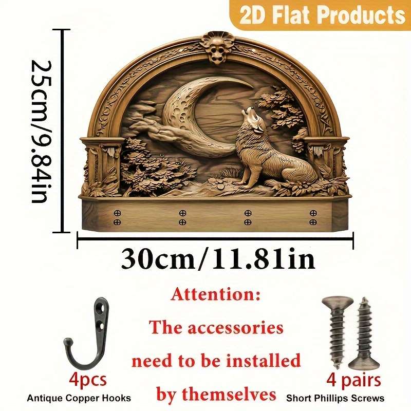 2D Flat 1pc Moon Wolf Simple Colorful Wooden and Home Key Holder with Four Metal Hooks 2D Flat Wal