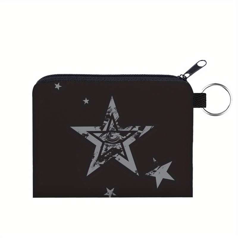 1pc Black Polyester Star Print Coin Purse with Keychain C 3D Pentagram Design Multi-Functional Zip