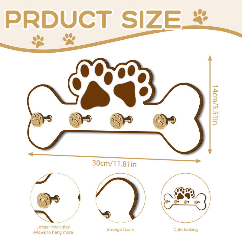 1pc Charming Wooden Dog Paw  Bone Design Wall Hanger with 4 HooksKey  Leash Organizer Perfect