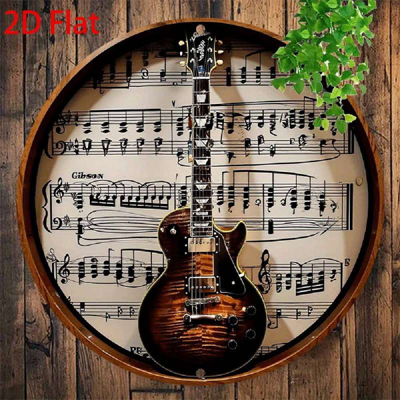 1pc  2D Flat Metal Round Aluminum Tin Sign Gibson Guitar Wall Art Retro Music Decor for Hom