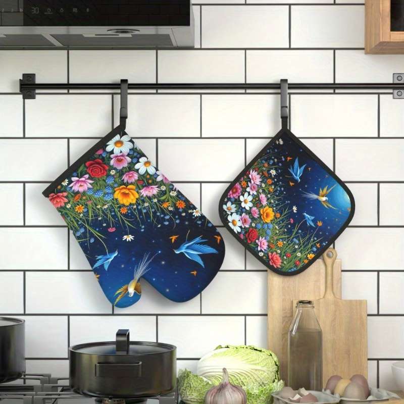 2pcs Set Colorful Floral Bird Design Polyester Oven Mitts and Potholders Heat Resistant Mac