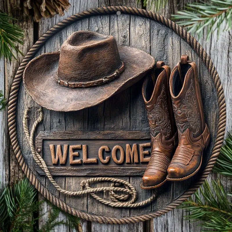 1pc Classic Western Cowboy Boots Hat Welcome Sign 20.32x20.32cm Round Aluminum Wall Hanging Decorati