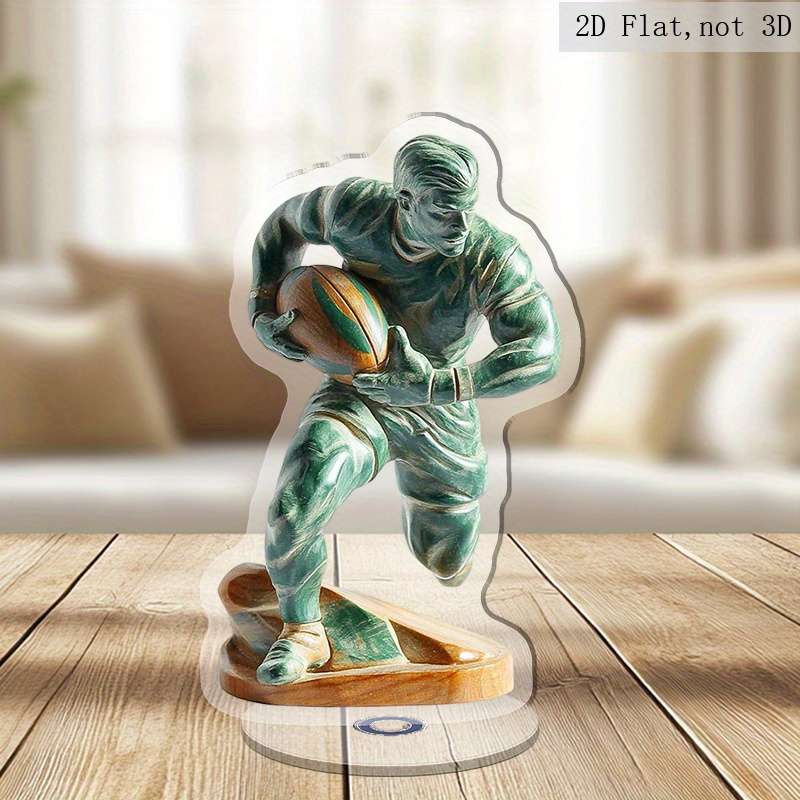 1pc 2D Flat  Acrylic  Rotatable Rugby Player Figurine Green Sports-Themed Stress Relief Desk Dec