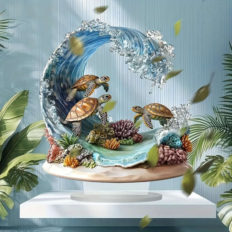 1pc 2D Flat  Bohemian Style Crystal Sea Turtle Wave Decor Plaque Vibrant Oceanic Scene with Color