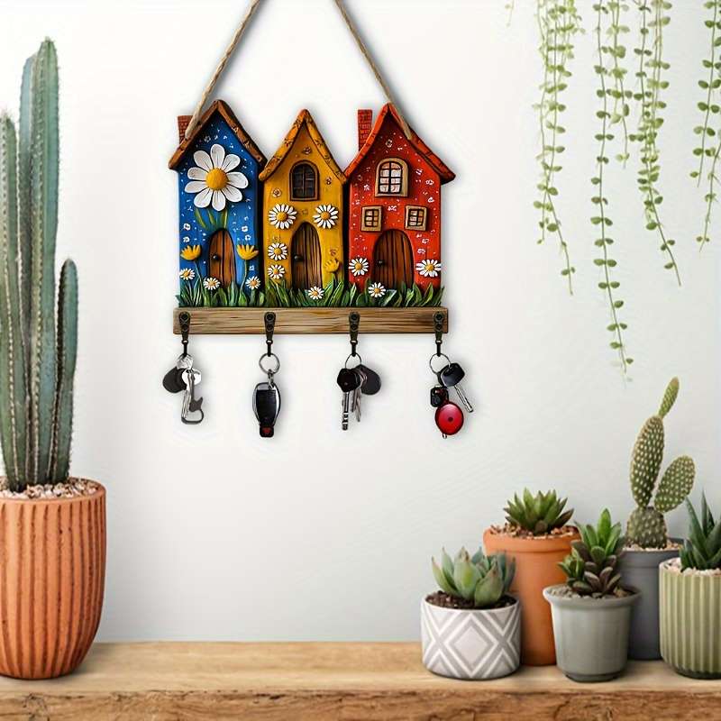 2D Flat 1pc Colorful Cottage Simple Wooden Home Key Holder with Four Metal Hooks 30.0cm x 24.99cm