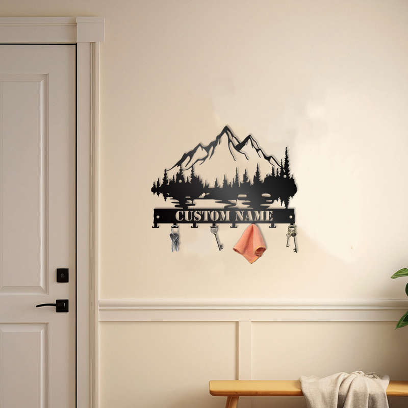 1pc Custom Mountain Forest Key HolderPersonalized Metal Wall Art with Lake  Tree Silhouettes La