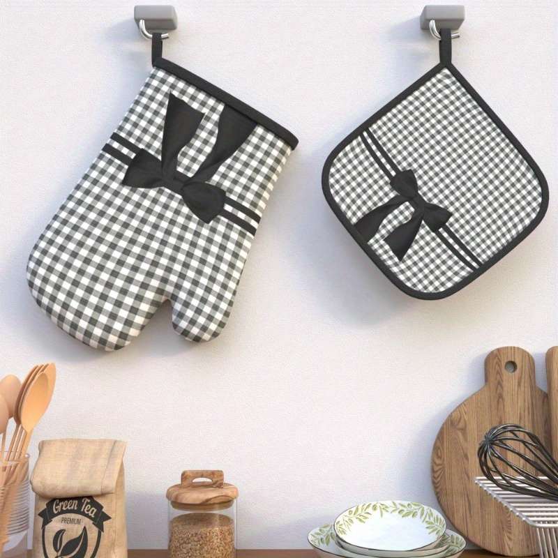 2pcs Heat Resistant Oven Mitts Woven Polyester Potholders with Black and White Checked Bow Des
