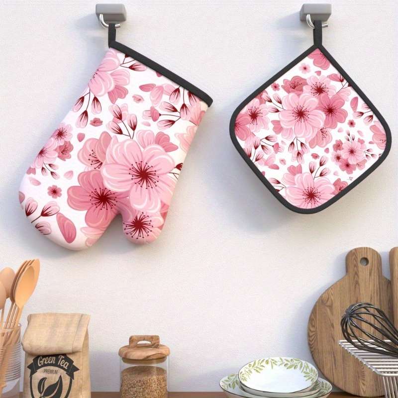 2pcs Pink Cherry Blossom Oven Mitts Pot Holders (26.92x17.02cm) Heat Resistant Polyester